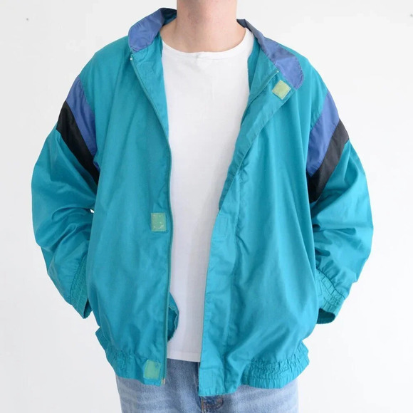 Vintage 90'S Great Canadian Rugged Wear Teal In Blue Zip Up Windbreaker Jacket - Picture 1 of 14